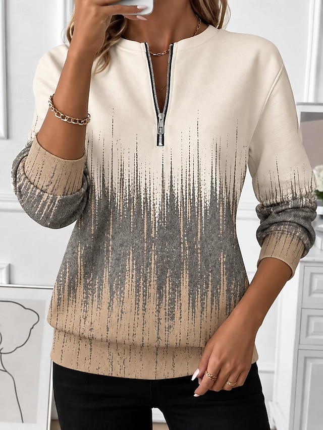 Women's Zip Up Sweatshirts Zipper Print Graphic Geometric Fashion Casual Long Sleeve Round Neck Regular Tops Street Dailywear Blue Pink Purple khaki Summer Spring Fall - khaki