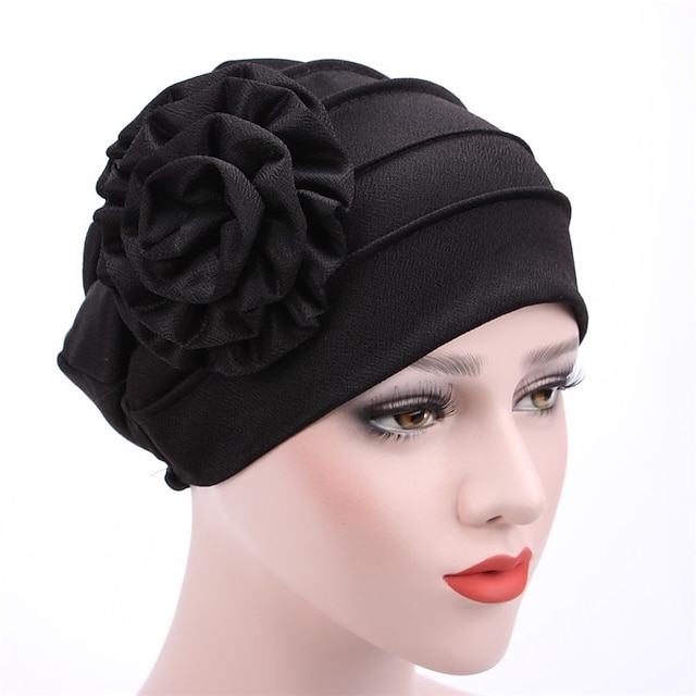 Women's Hats Spring Summer Plain Color Floral Beanie Hat Muslim Stretch Turban Hat Cap Hair Loss Headwear Hijab Cap - Black