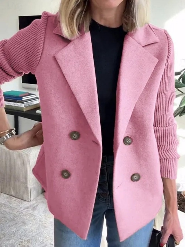 Women's Peacoat Comfortable Buttons OL Style Plain Casual Work Vacation Street Regular Notch Lapel Long Sleeve Outerwear Black Pink Brown Fall Winter - Pink