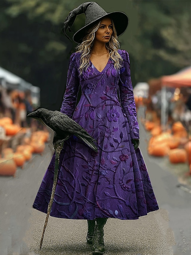 Halloween Women's Witch Print Maxi Dress A Line Dress Vacation Casual Boho Beach Regular Fit Floral Graphic Hocus Pocus Long Sleeve V Neck Purple Orange Spring Fall - Purple