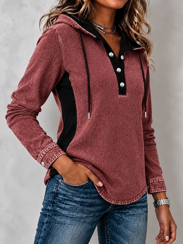 Women's Denim Shirt Henley Shirt Blouse Patchwork Plain Vintage Fashion Stylish Long Sleeve Lapel Regular Tops Casual Beach Blue Red Green Spring Fall Winter - Red