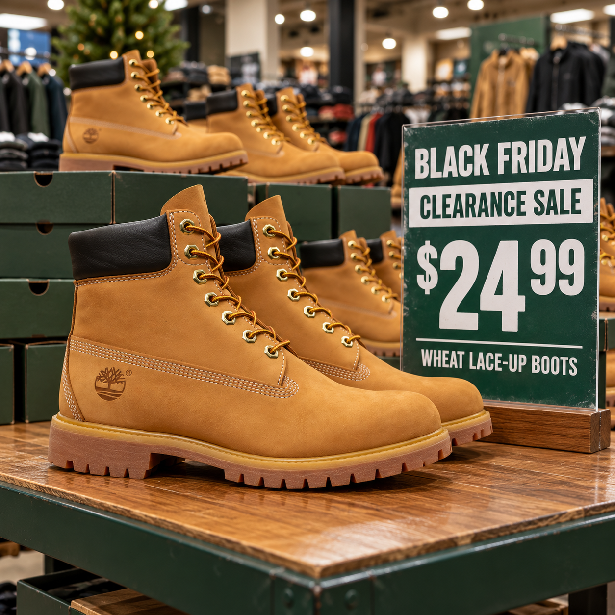 Illustrative Black Friday display featuring wheat boots at $24.99