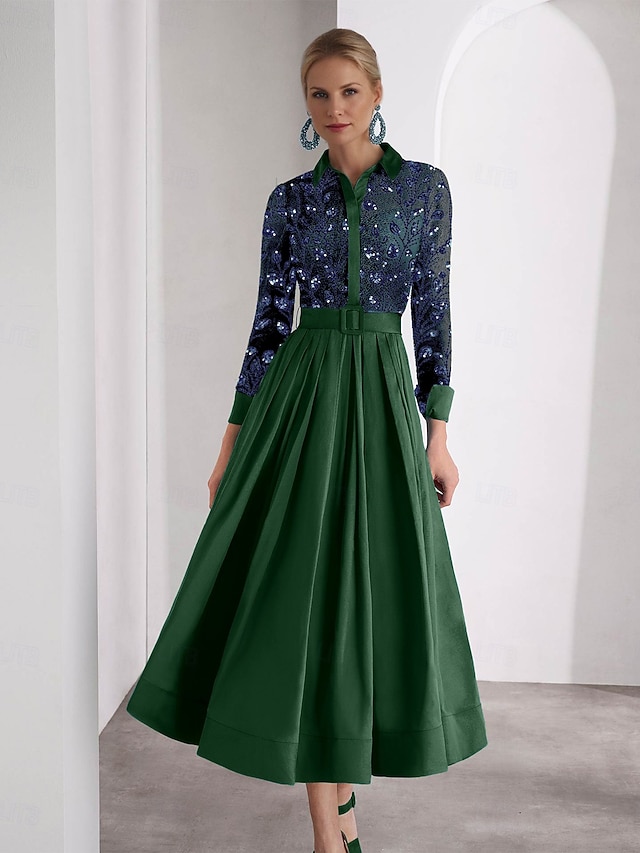 A-Line Ankle Length Beaded Eembroidered Shirt Dress Party Dress Mother of the Bride Dress Long Sleeve Shirt Collar High Neck Elegant Sparkle High Split Formal Wedding Guest Satin with Glitter Slit - Dark Green