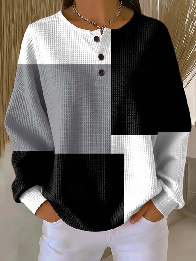Women's Pullover Hoodie Sweatshirt Geometric Fashion Long Sleeve Crew Neck Regular Tops Black Yellow Pink Spring Fall Winter - Black