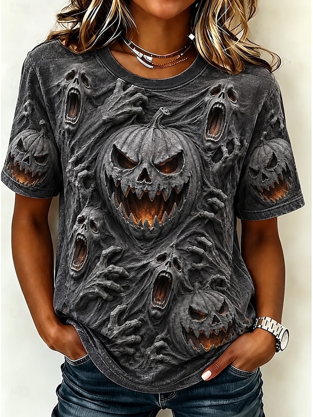 Halloween Women's T Shirt Print Graphic Pumpkin Vintage Stylish Classic Short Sleeve Crew Neck Regular Tops Casual Daily Ash Orange Green Fall Winter - Ash