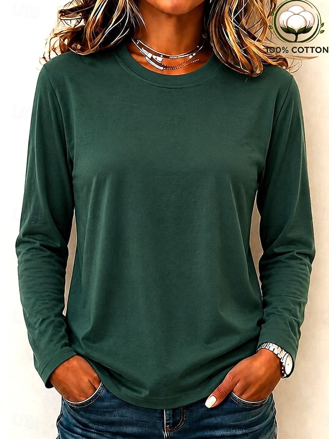 Women's 100% Cotton T-Shirts - Quality Heavy Long Sleeve Crew Neck Tee - Green
