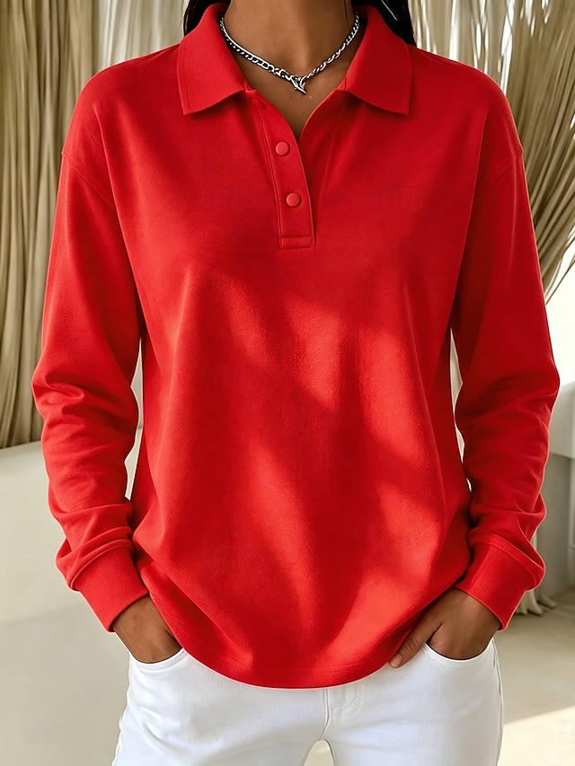 Women's 100% Cotton T Shirt Chest Buttons Plain Vintage Stylish Classic Long Sleeve Shirt Collar Polo Collar Long Tops Casual Daily Blue White Black Pink Red Spring Fall Winter - Black