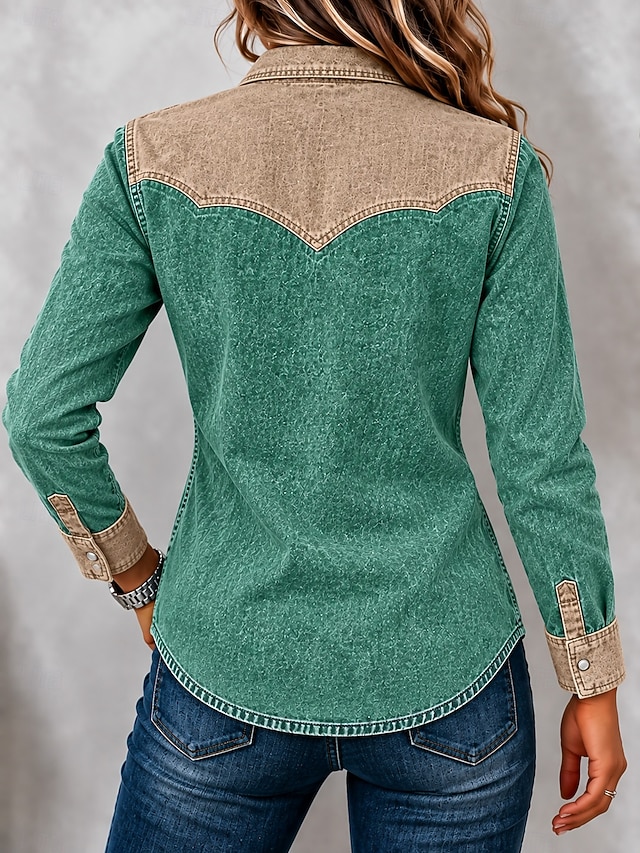 Women's Denim Blouse Denim Shirt Henley Shirt Plain Vintage Fashion Stylish Long Sleeve Long Tops Casual Blue Green Spring Fall Winter - Green