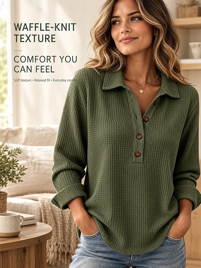 Women's Casual Vintage Waffle Shirt Texture Patchwork Buttons Solid Color Plain Long Sleeve Henry Collar Long Tops White claret sunflower color Black Olive Green Fall Spring, Fall, Winter, Summer - Military Green
