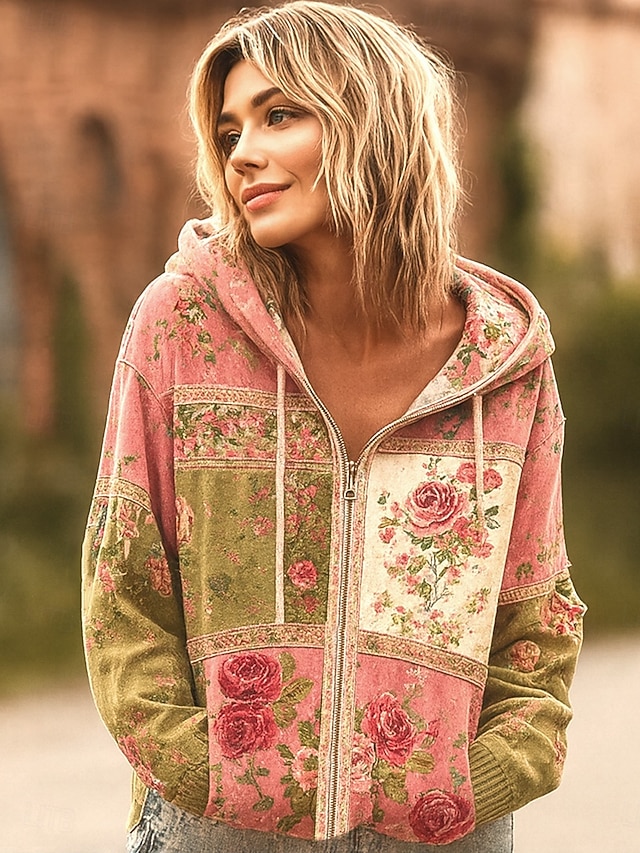 Women's 3D Print Vintage Boho Hoodie Patchwork Hoodie Sweatshirt Floral Zip Up s Vintage Fashion Casual Long Sleeve Hooded Street Dailywear Casual Patchwork Zipper Pocket Red Blue Spring Fall - Pink