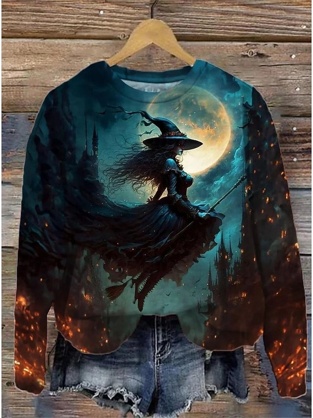Halloween Women's Creepy Old Witch Broomstick Graphic Sweatshirt Vintage Cartoon Print Pullover Long Sleeve Crew Neck Casual Top White Fall Winter - Dark Blue