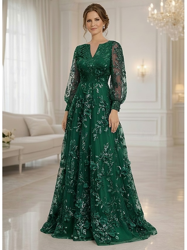 A-Line Dress Floor Length Maxi Dress Party Dress Cocktail Dress Mother of the Bride Dress Long Sleeve V Neck Elegant Vintage Luxurious Formal Wedding Guest Semi Formal Lace with 3D Flowers Embroidery - Dark Green