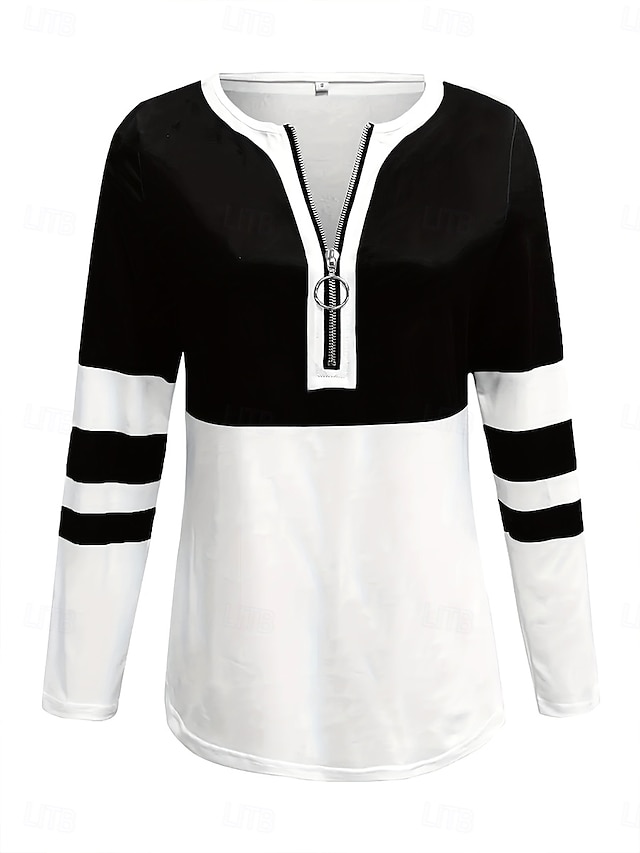 Women's T shirt Long Sleeve Graphic Color Block Striped Elegant Vintage Stylish Long Sleeve V Neck Regular Tops Daily Weekend Zipper Print Black Red Royal Blue Spring Fall Prefall - Black