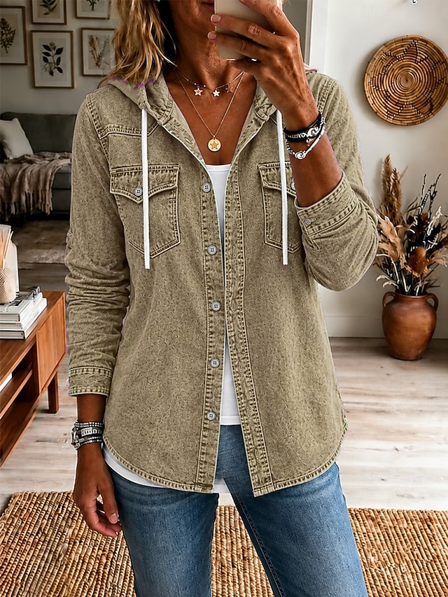 Women's Denim Hoodie Plain Vintage Fashion Classic Long Sleeve Hooded Regular Tops Casual Blue Red Green Summer Spring Fall Winter - Red