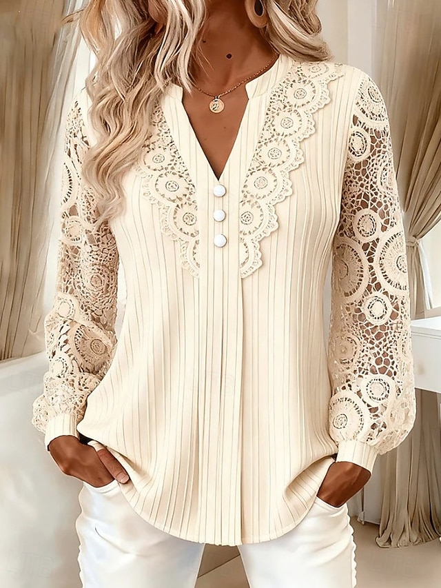 Women's Shirt Eyelet Top Boho Shirt Lace Shirt Lace Solid Color Plain Elegant Bohemia Active Long Sleeve Long Tops Casual Blue Black Brown Green Beige Summer Spring Fall - Beige