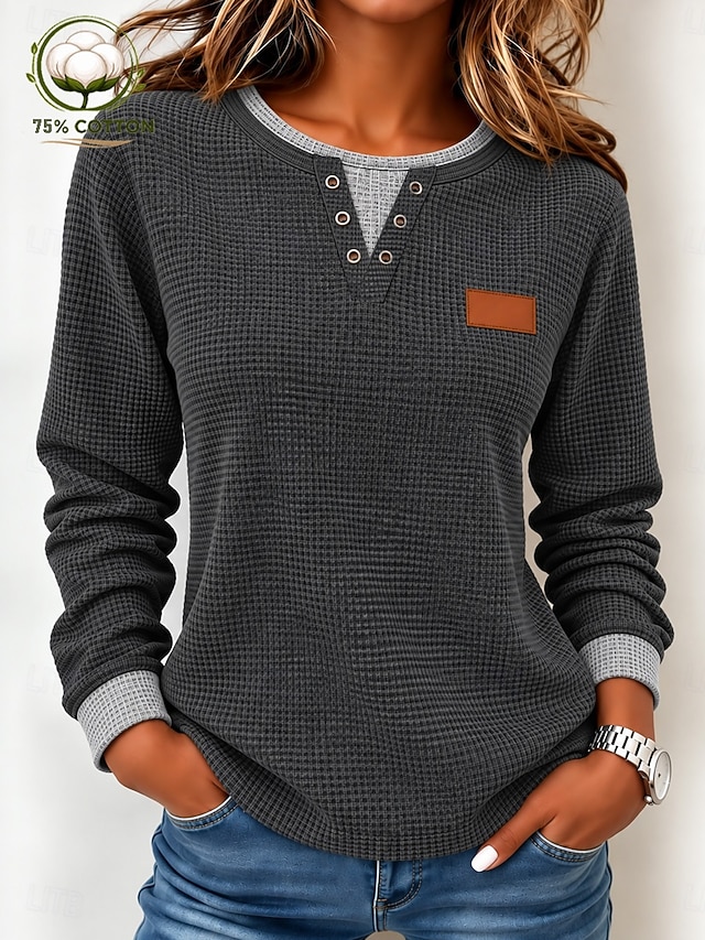 Women's Textured Knit Tops T Shirt Waffle Knit Tops Vintage Fashion Stylish Long Sleeve Henley Regular Tops Casual Going out Vacation Wear Blue Black Gray Spring Fall Winter - Gray