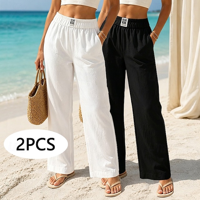 Multi Packs 2pcs Women's Cotton Linen Pants Trousers Casual Pants Summer Pants Vacation Fashion Streetwear Full Length High Waist Plain Pocket Elastic Waist Comfort Breathability Comfortable - White+Black