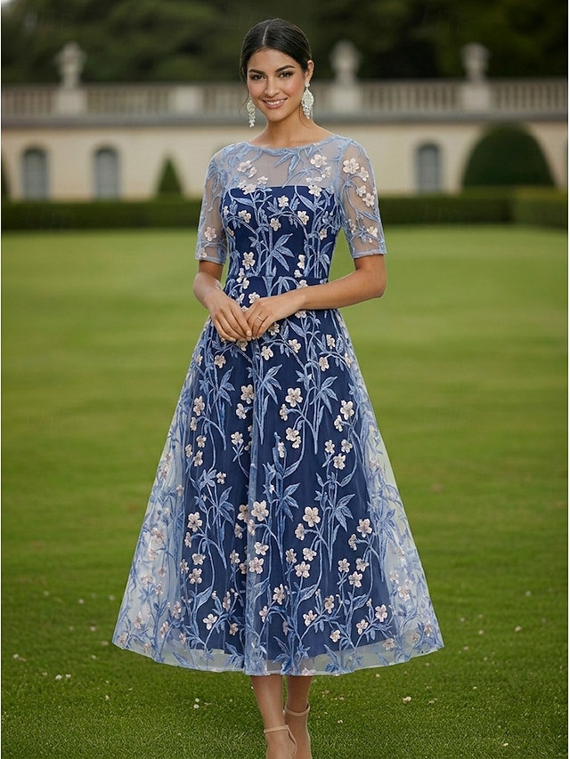 A-Line Dress Tea Length Lace Dress Cocktail Dress Mother of the Bride Dress Short Sleeve Half Sleeve Boat Neck Elegant Vintage Luxurious Wedding Guest Semi Formal Lace with Embroidery Flower - Dark Navy