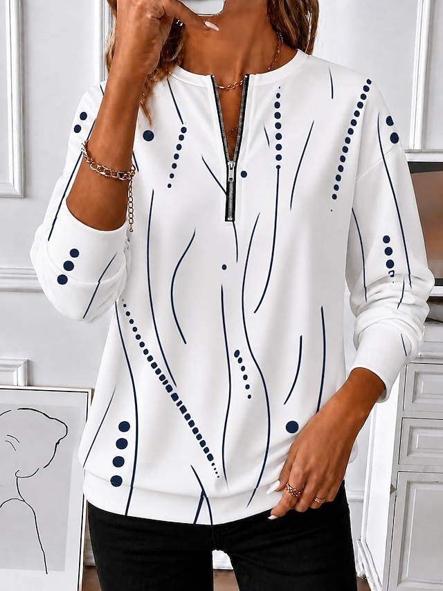 Women's Pullover Sweatshirt Zip Up Sweatshirts Zipper Print Floral Graphic Paisley Fashion Casual Long Sleeve Crew Neck Regular Tops Casual Street Dailywear Blue White Pink Spring Fall Winter - White