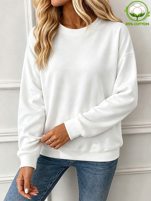 Women's Pullover Sweatshirt Cotton Elegant Warm Long Sleeve Crew Neck Regular Tops Blue White Black Yellow Pink Spring Fall Winter - White