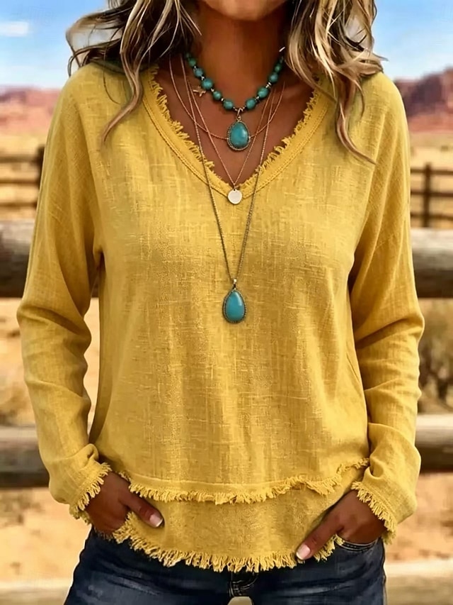 Women's T Shirt Fringe Daily Long Sleeve V Neck Regular Tops Casual Outdoor Streetwear Blue Yellow Light Green Pink Green Fall Winter - Yellow