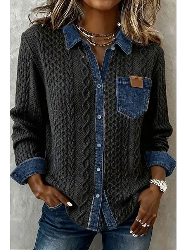 Women's Shirt Buttons Solid Color Vintage Stylish Basic Long Sleeve Shirt Collar Regular Tops Daily Blue Black Pink Khaki Summer Spring Fall - Black