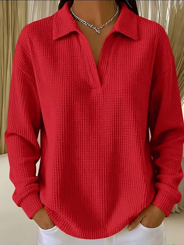 Women's Waffle Shirt Tunic Casual Shirt Texture Vacation Casual Casual Daily Work Blue Grass Green Yellow Red Violet Fall Winter - Red
