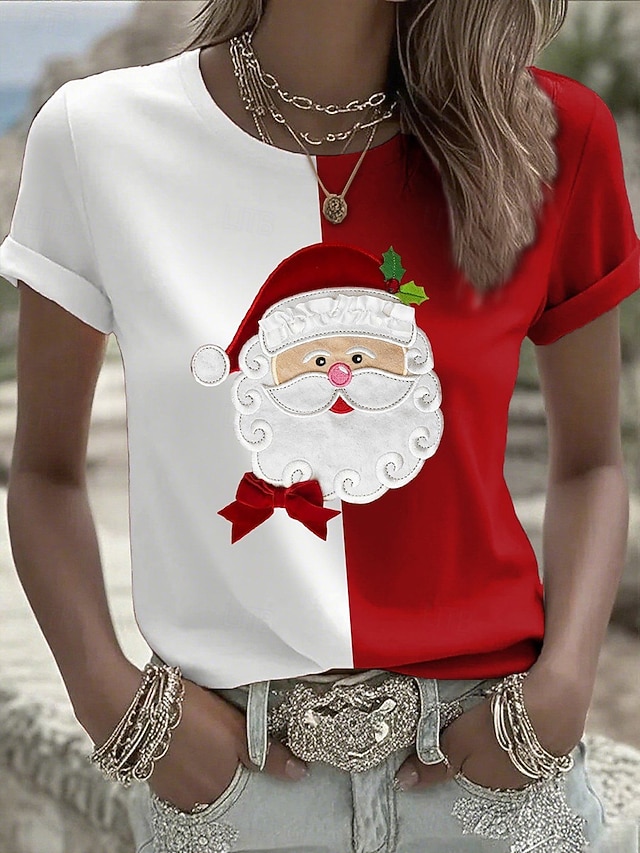 Christmas Women's T Shirt Graphic Claus Vintage Stylish Modern Short Sleeve Round Neck Regular Tops Daily Print Black Red Green Fall Winter - Red