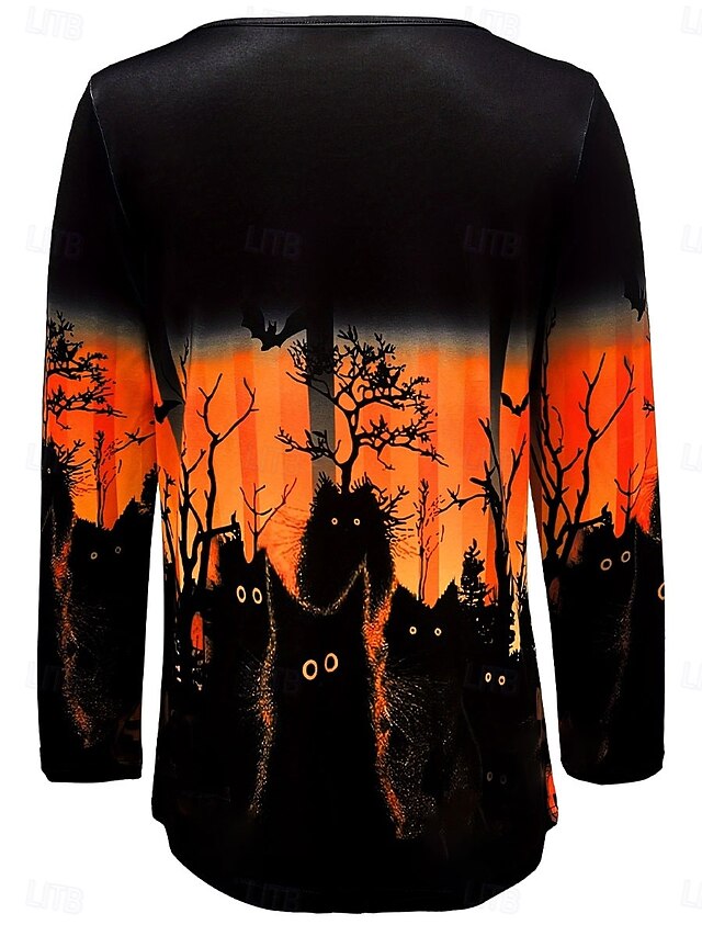 Halloween Women's Black Cat Spooky Forest Graphic T Shirt Glowing Eyes Bat Print Long Sleeve Crew Neck Casual Top Black Orange - Orange