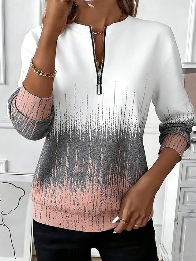 Women's Zip Up Sweatshirts Zipper Print Graphic Geometric Fashion Casual Long Sleeve Round Neck Regular Tops Street Dailywear Blue Pink Purple khaki Summer Spring Fall - Pink