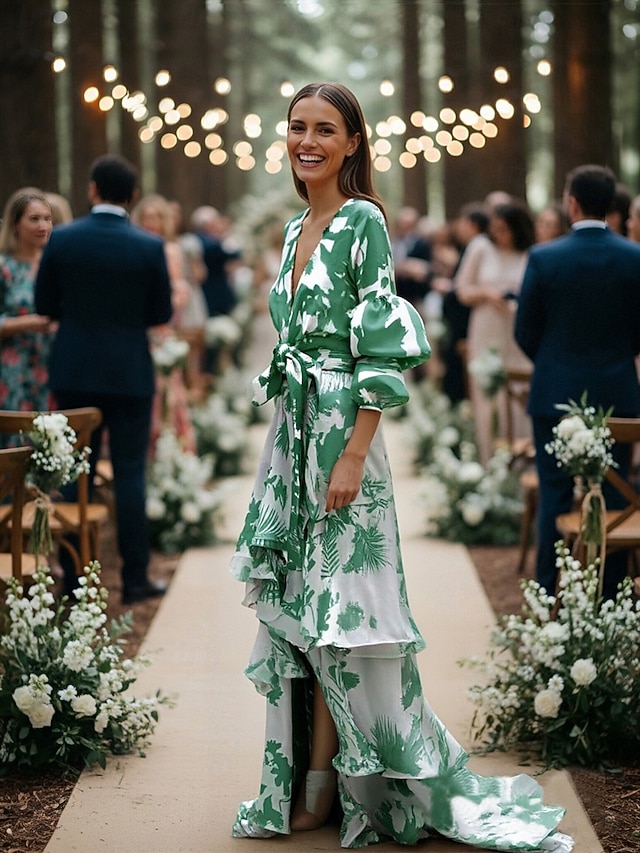 A-Line Floor Length Wedding Guest Dress Formal Dresses Evening Gown Mother of the Bride Dress Long Sleeve V Neck Party Wedding Guest with Print - Green