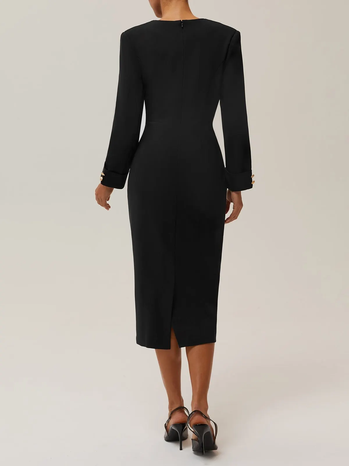Black Buckle V Neck Long Sleeve Sheath Midi Blazer Dress - Black