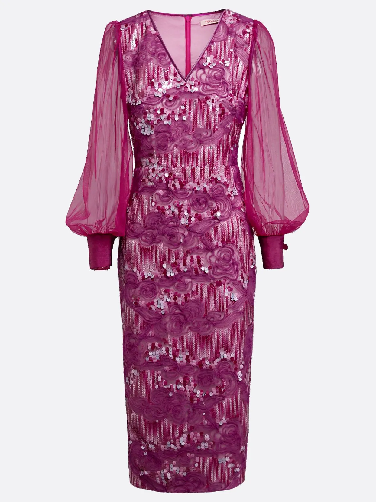 Purple 3D Floral Sequin V Neck Long Sleeve Balloon Sleeve Sheath Midi Dress