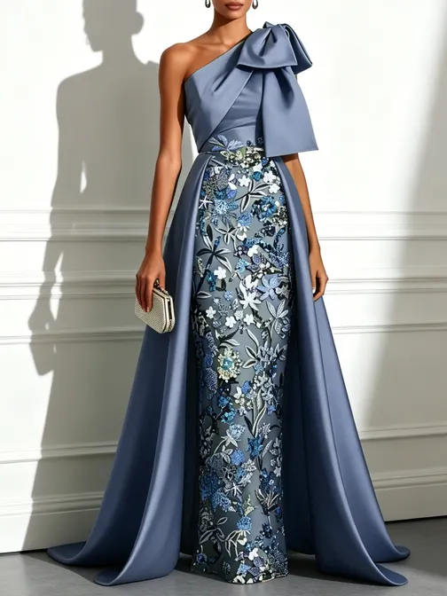 Blue Bow Satin Sequin One Shoulder Sleeveless A-Line Gown Dress - Blue