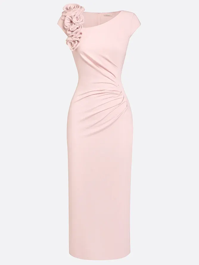 Pink 3D Floral Ruched Knit Asymmetrical Short Sleeve Bodycon Midi Dress