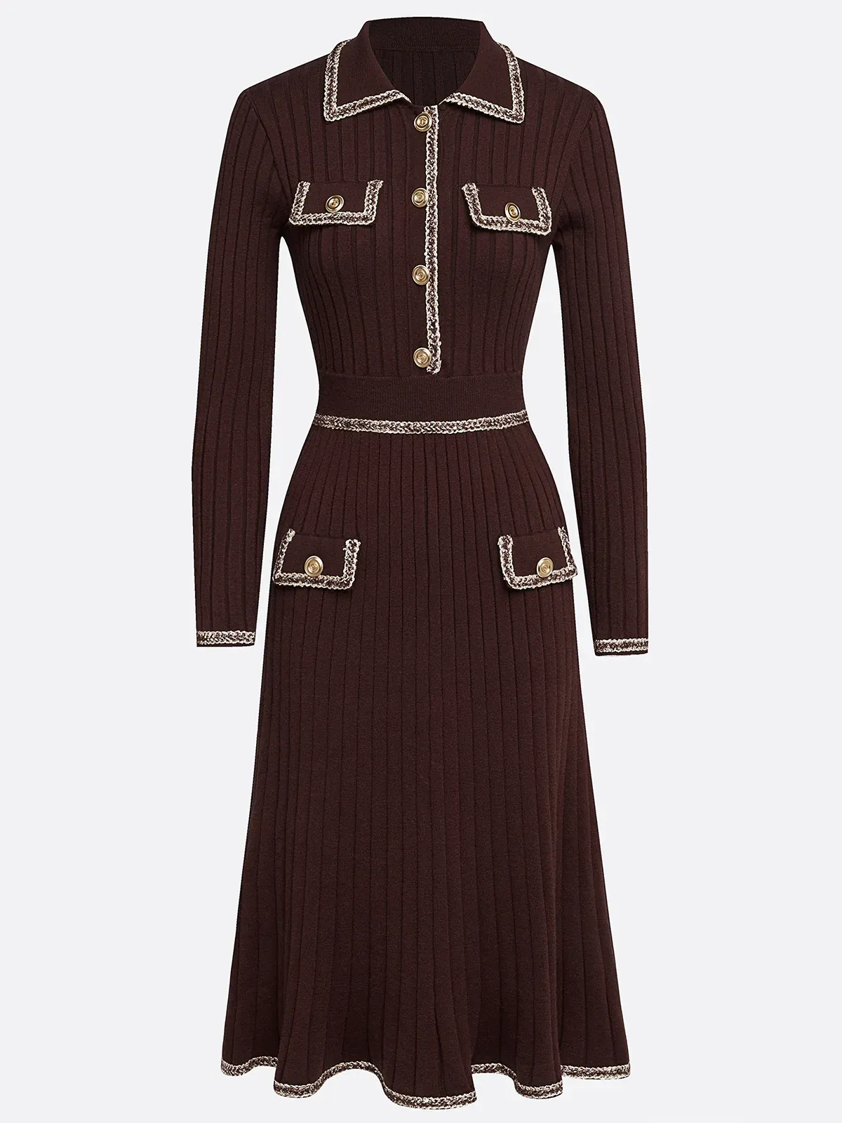 Red Brown Piping Buckle Sweater Lapel Collar Long Sleeve A-Line Midi Dress