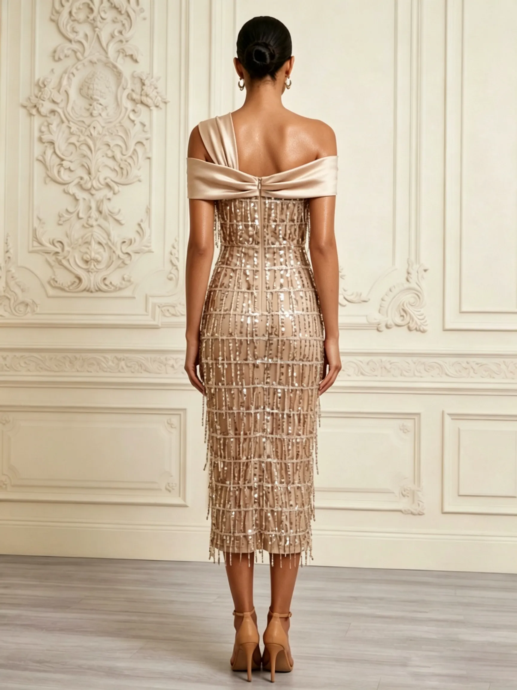 Champagne Tassel Sequin Asymmetrical Sleeveless Sheath Midi Dress