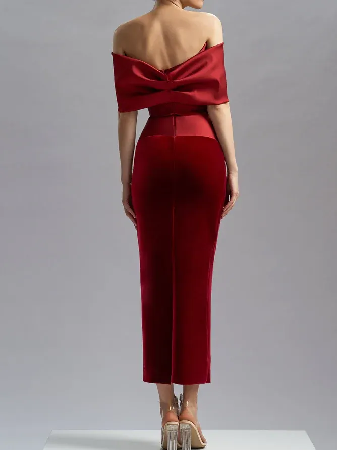 Wine Red Off The Shoulder Velvet Sheath Maxi Dress - Wine Red
