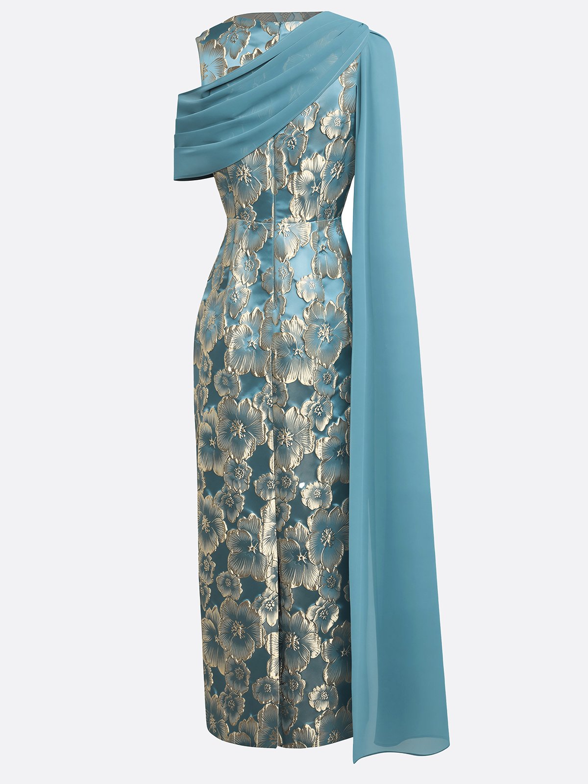 Cyan Jacquard Classic Crew Neck Sleeveless Sheath Maxi Dress
