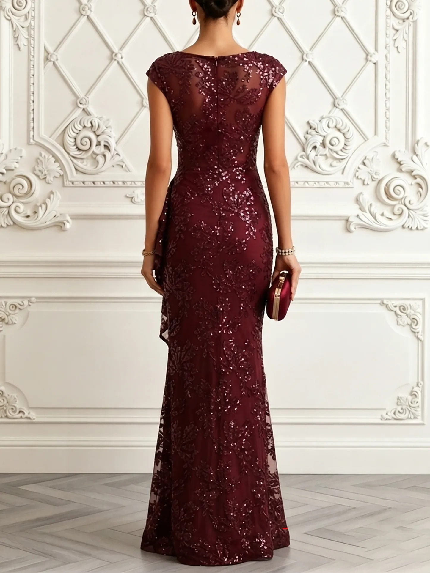 Wine Red Glitter Sequin Ruffled Sequin Boat Neck Sleeveless Mermaid Gown Dress - Wine Red