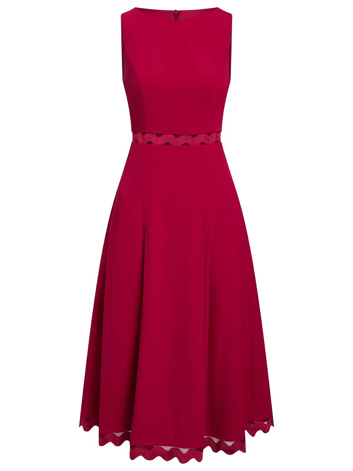 Red Lace Classic Boat Neck Sleeveless A-Line Midi Dress