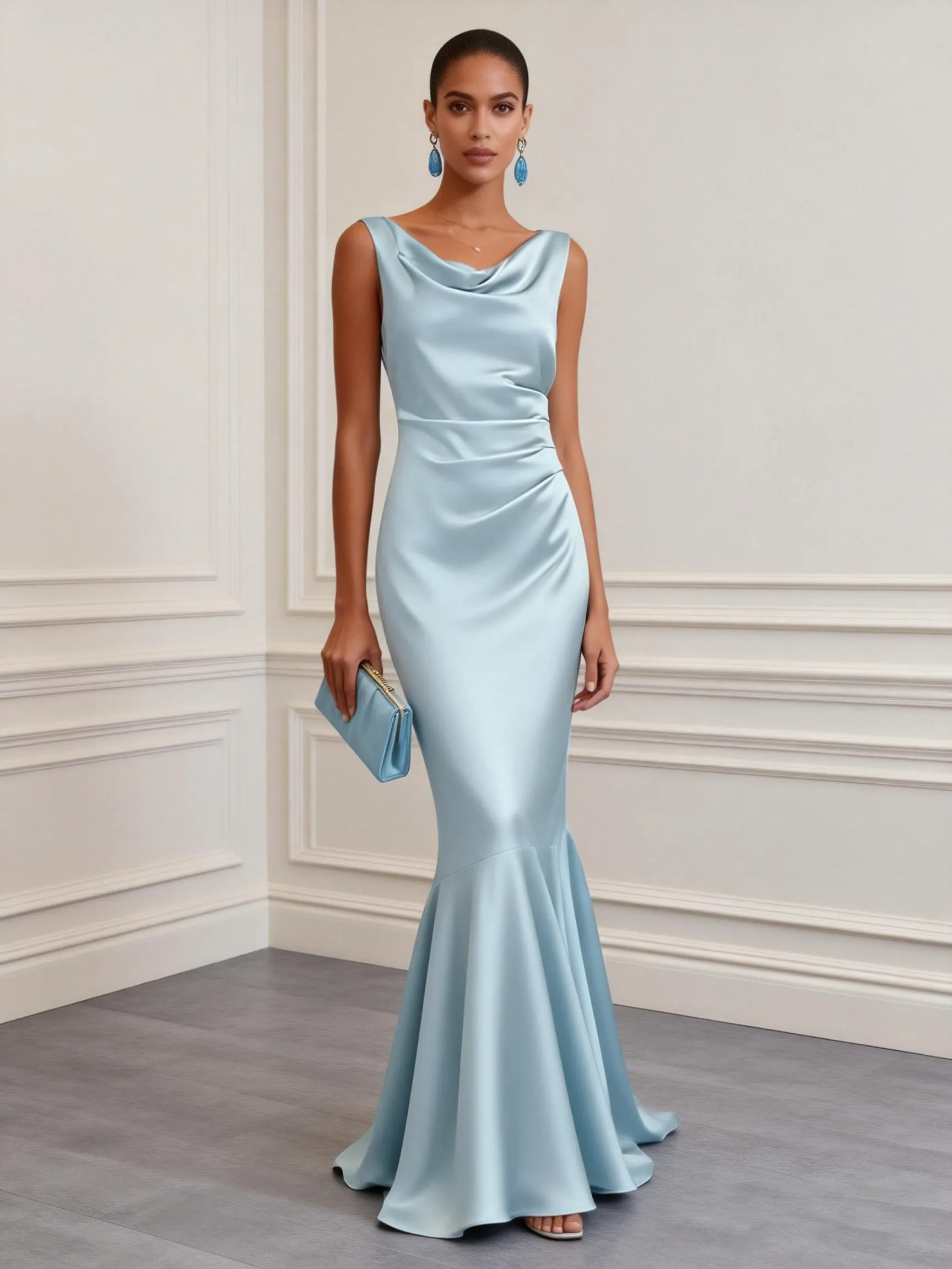 Light Blue Ruched Satin Cowl Neck Sleeveless Mermaid Gown Dress