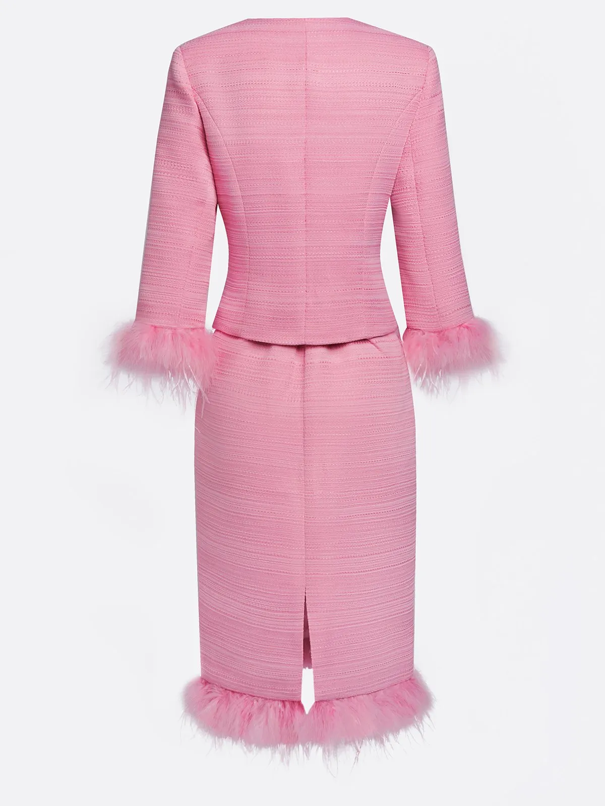 Women Tweed Rose Red Feather-trimmed Buckle Crew Neck Three Quarter Sleeve Dressy Coat With Skirt Two-Piece Set