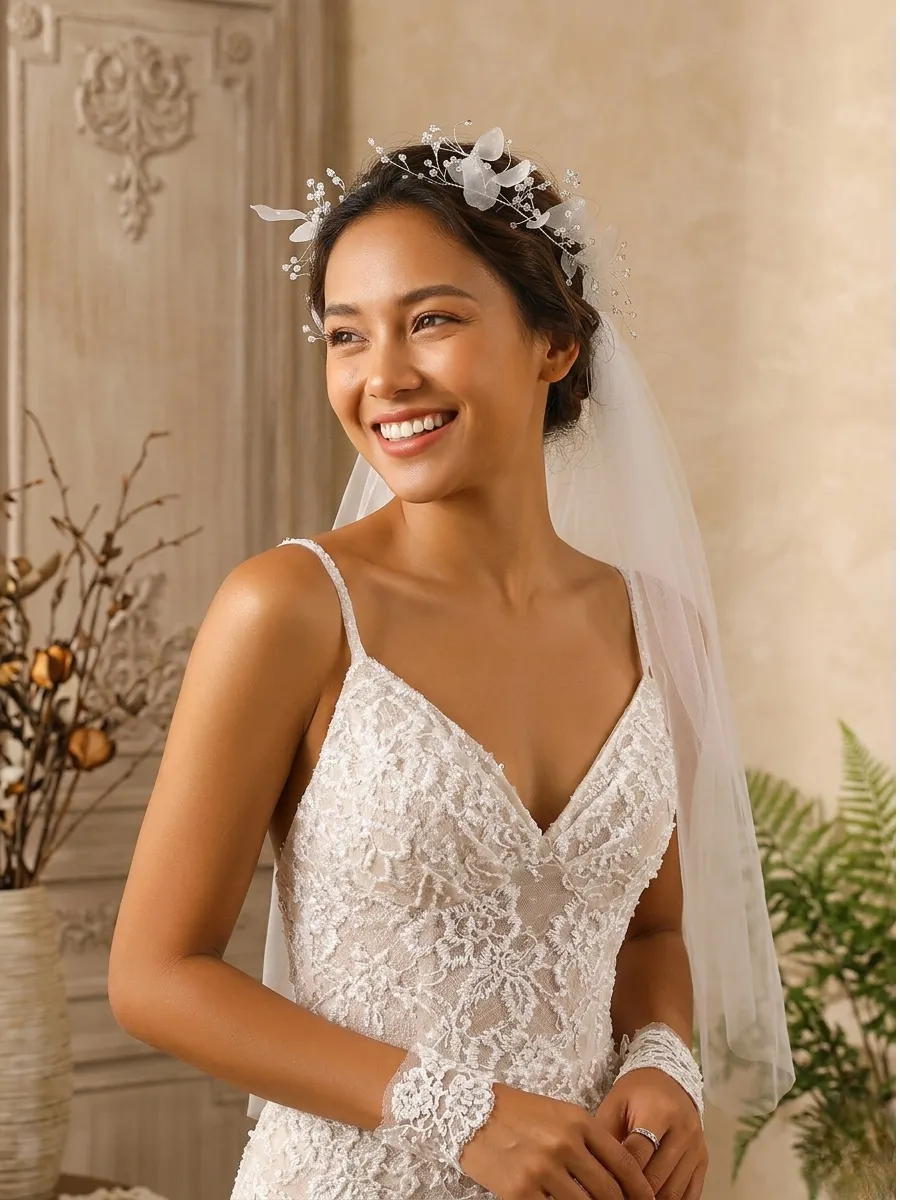 Romantic And Light Forest-style Beaded Floral Wreath For Brides Bridal Hair Comb Style Veil - White