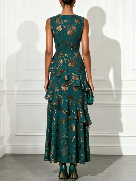 Green Jacquard Ruffled Classic Boat Neck Sleeveless A-Line Maxi Dress - Green