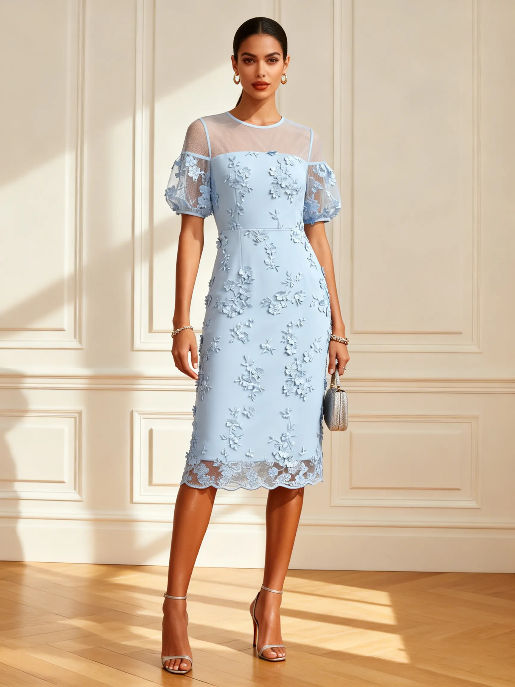Light Blue 3D Floral Appliqué Lace Crew Neck Short Sleeve Puff Sleeve Sheath Midi Dress