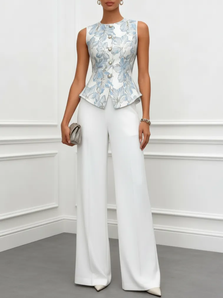 Women White Jacquard Floral Buckle Crew Neck Sleeveless Dressy Top With Pants Two-Piece Set - White