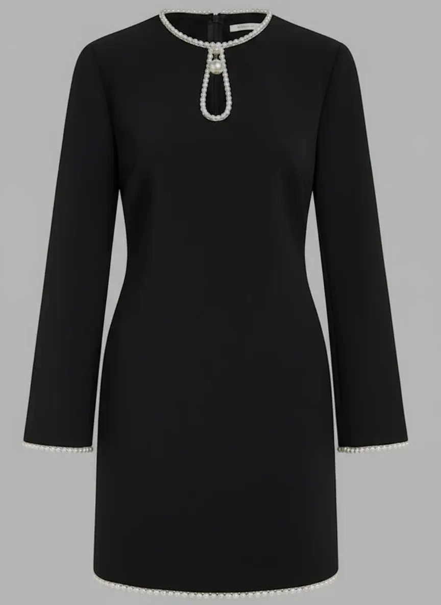 Black Faux Pearl Cut Out Classic Crew Neck Long Sleeve Sheath Mini Dress