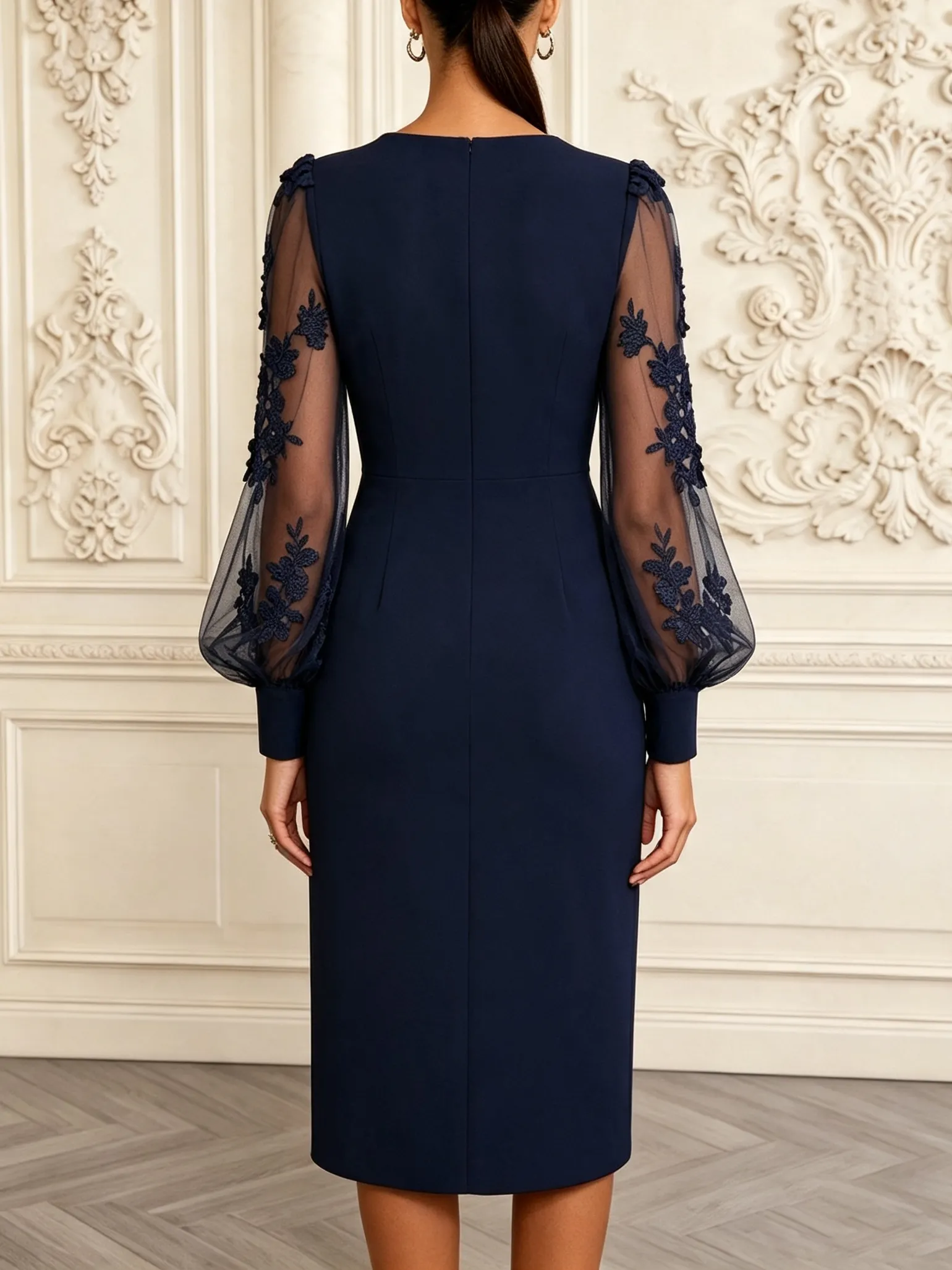 Purplish Blue 3D Floral Rhinestone Classic Square Neck Long Sleeve Balloon Sleeve Sheath Midi Dress - Purplish Blue