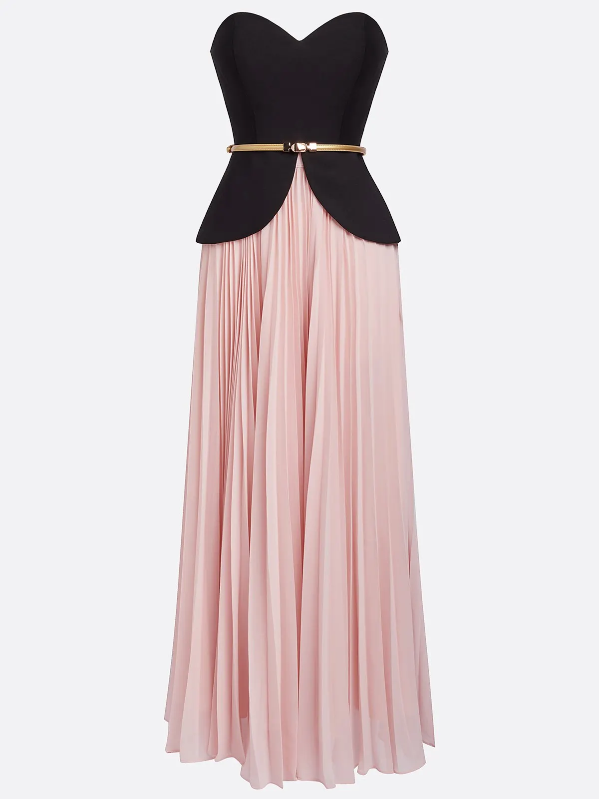 Women Pink Pleated Strapless Sleeveless Dressy Top With Skirt Two-Piece Set